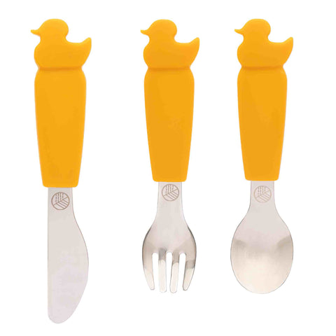 Child's Fork, knife and spoon with mustard yellow silicone handle