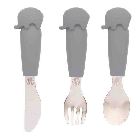 Stainless steel knife, fork and spoon with silicone elephant handle