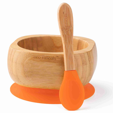 Bamboo baby suction bowl and spoon set - Orange