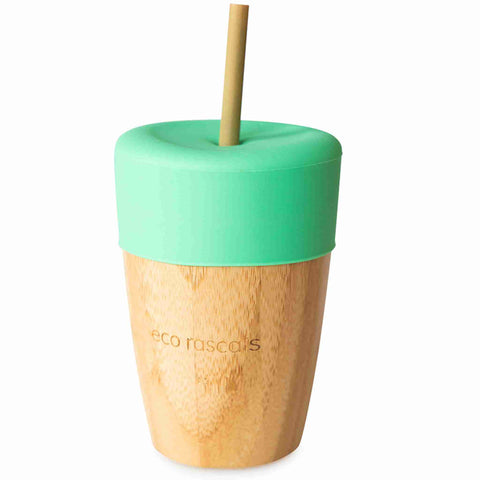 Bamboo cup with a green silicone topper and a bamboo straw 
