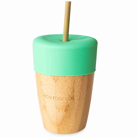 Bamboo cup with a green silicone topper and a bamboo straw