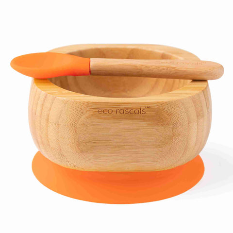 Bamboo baby suction bowl and spoon set - Orange