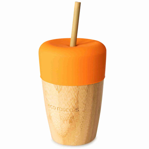 Bamboo Cup with Orange Silicone Top and a Bamboo Straw