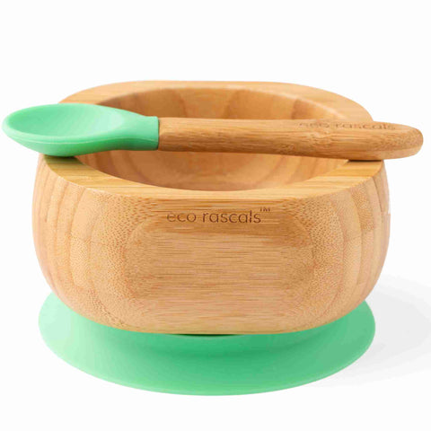 Bamboo baby suction bowl and spoon set - Green