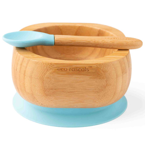 Bamboo baby suction bowl and spoon set - Blue