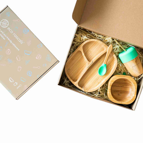 Toddler bamboo Gift Set - Plate, cup and bowl - Green - shown in box