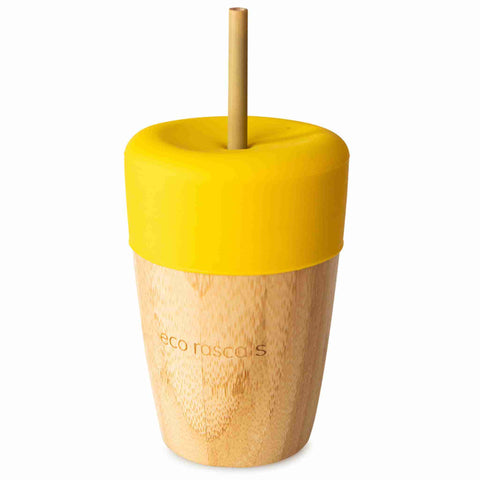 Bamboo Cup with Yellow Silicone Topper and Bamboo Straw