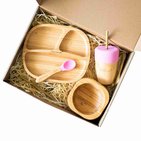 Toddler bamboo Gift Set - Plate, cup and bowl - Pink - Shown in box