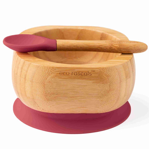 Bamboo baby suction bowl and spoon set - Red