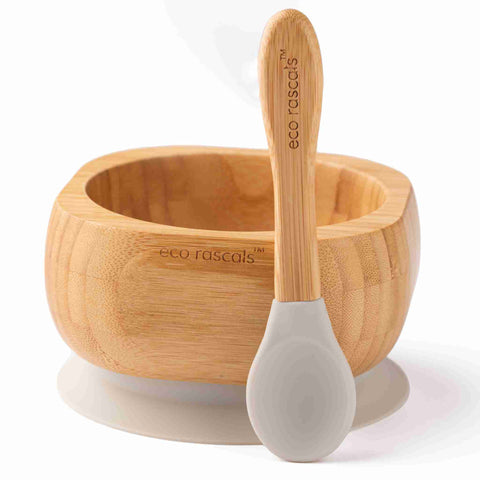 Bamboo baby suction bowl and spoon set - Grey