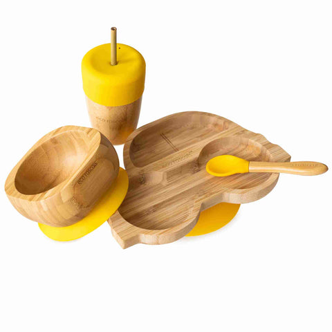Bamboo car plate, bowl and straw cup in a gift box - Yellow