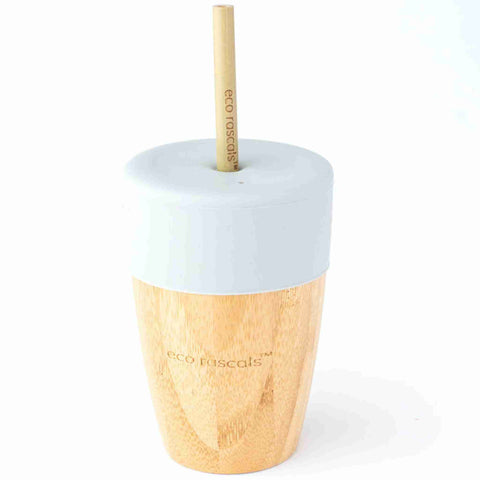 Bamboo Cup with Grey Silicone Lid and Reusable Straw