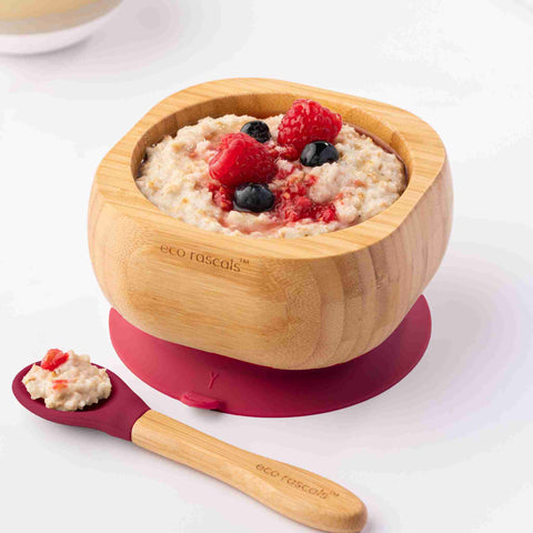 Bamboo baby suction bowl and spoon set - Red