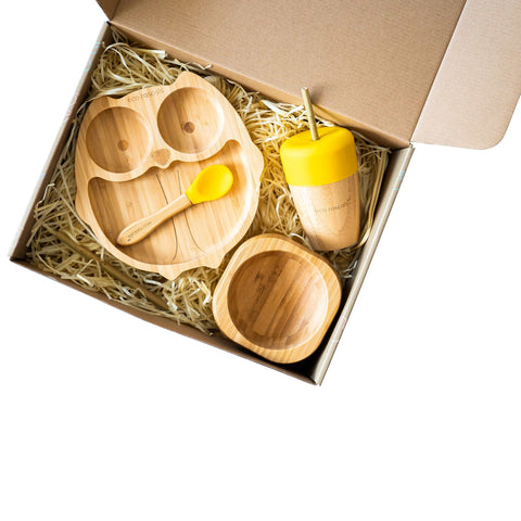 Owl plate, bowl and straw cup presented in a gift box 