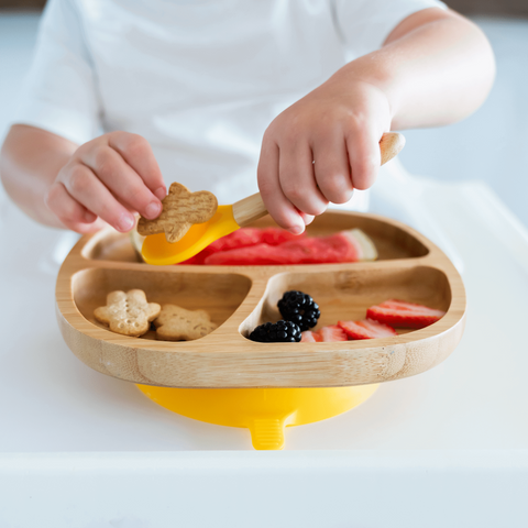 Bamboo suction plate with snack food like watermelon, berries and crackers. Yellow colour suction ring.
