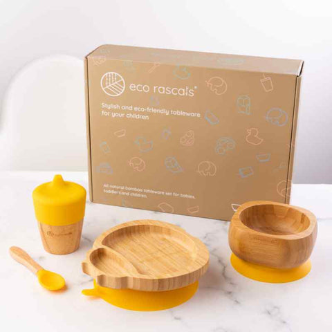 A box designed to include the products bamboo sippy cup, bamboo bowl and spoon set and bamboo ladybird plate