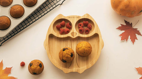 Pumpkin muffins on a bamboo owl plate by eco rascals