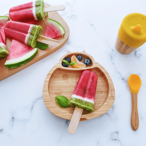 eco rascals watermelon ice lolly recipe on bamboo plate 