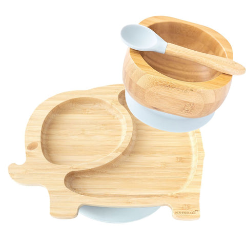 Bamboo Suction Elephant Plate, Bowl & Spoon - Grey