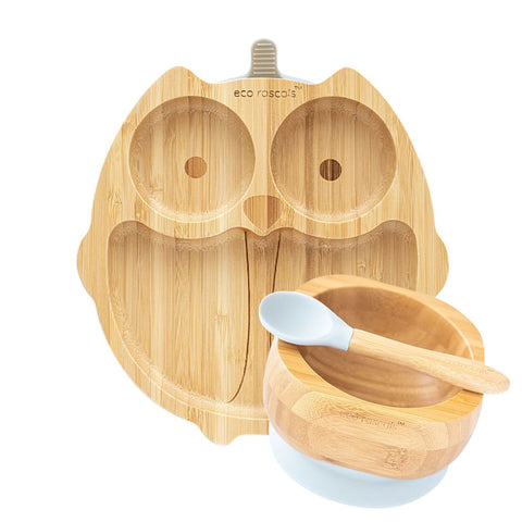 Bamboo Suction Owl Plate and Bowl Set - Grey