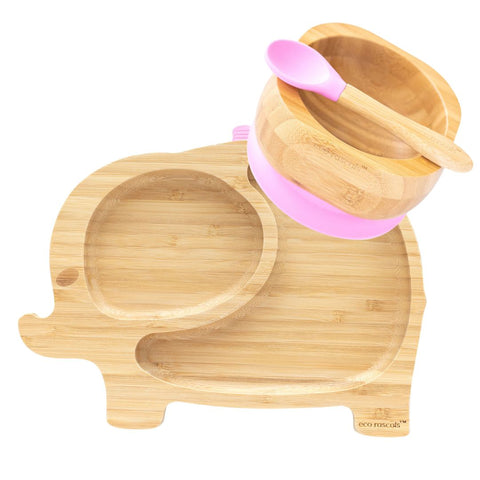 Bamboo Elephant Suction Plate and Bowl Set - Pink