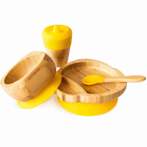 Yellow weaning gift set.Bamboo bowl, cup and ladybird plate with spoon.