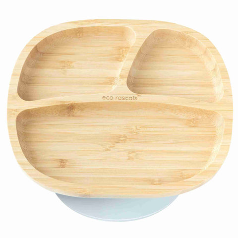 Product photo of a Bamboo plate with three sections and a grey suction ring  base.