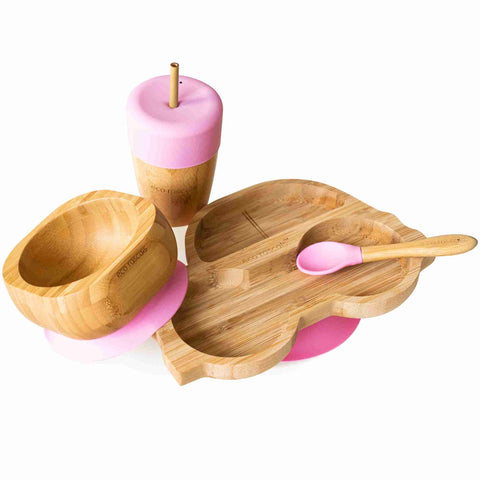 Bamboo car plate, bowl and straw cup in a gift box - Pink