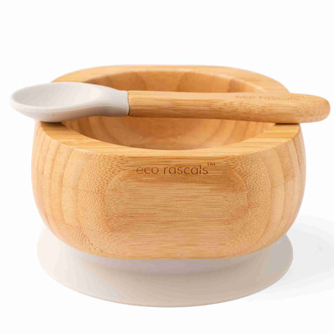 Bamboo baby suction bowl and spoon set - Grey