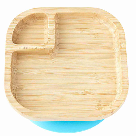 eco rascals Bamboo square plate with super suction base in blue 