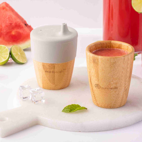 Bamboo cup with watermelon juice in it