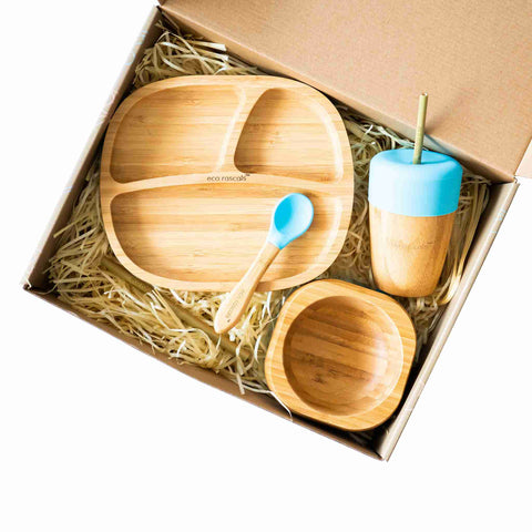 Toddler bamboo Gift Set - Plate, cup and bowl - Blue - show in box