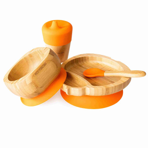 Orange weaning gift set.Bamboo bowl, cup and ladybird plate with spoon.