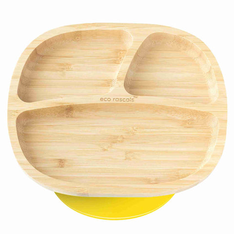 Product photo of a Bamboo plate with three sections and a yellow suction ring  base.