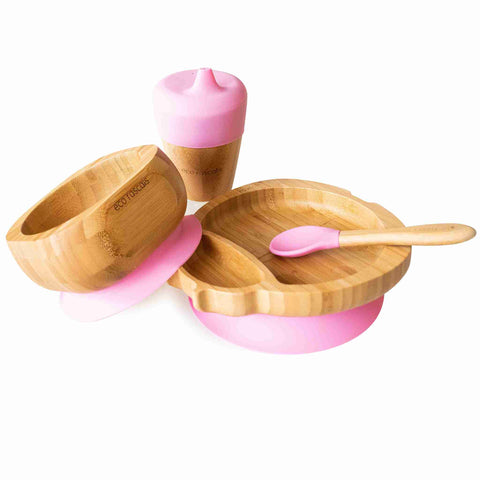 Pink weaning gift set.Bamboo bowl, cup and ladybird plate with spoon.