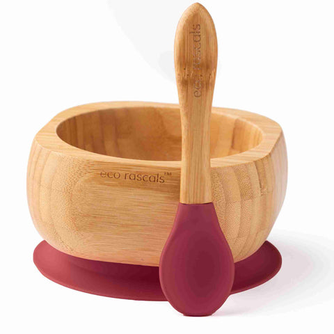 Bamboo baby suction bowl and spoon set - Red