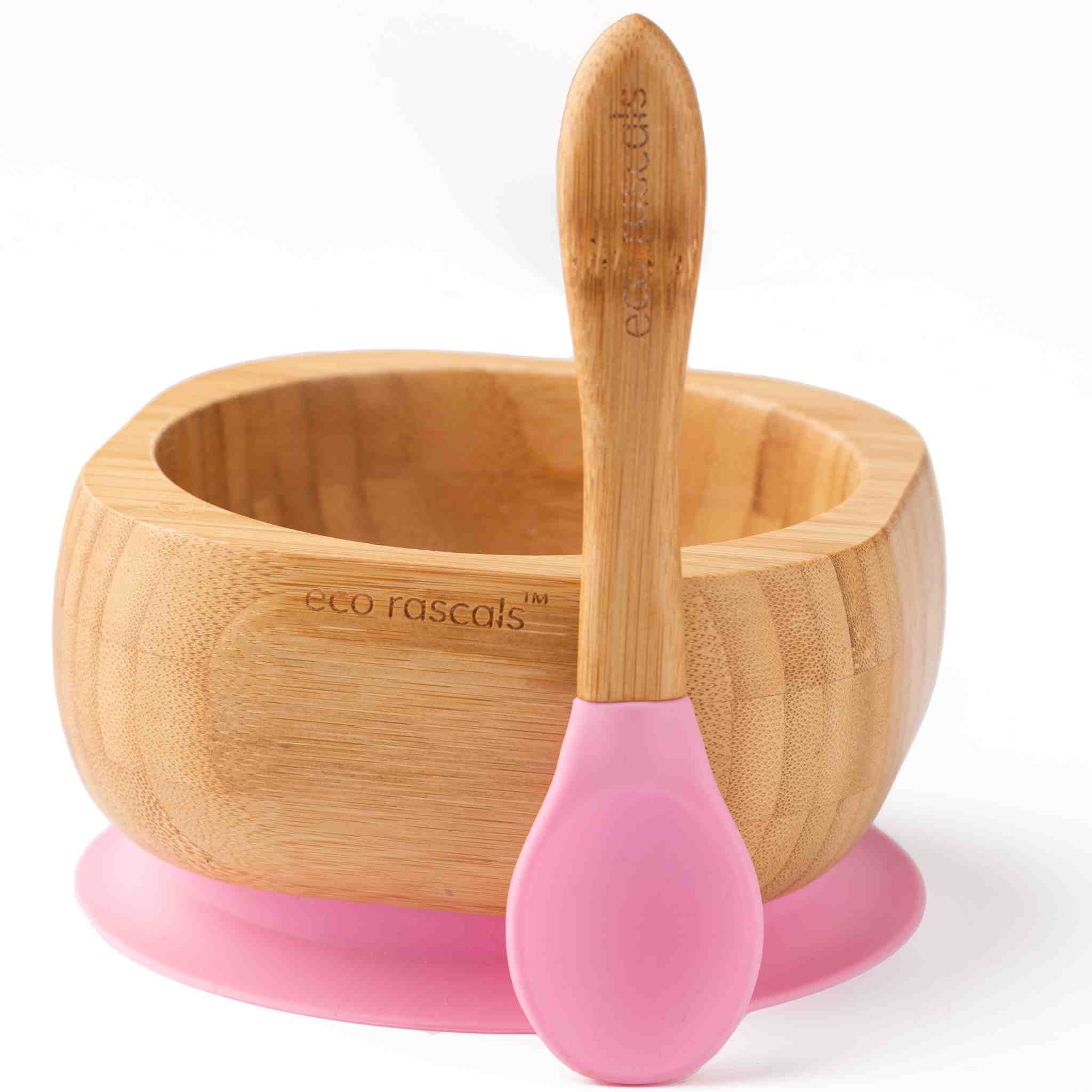 Bamboo baby bowl deals and spoon pink