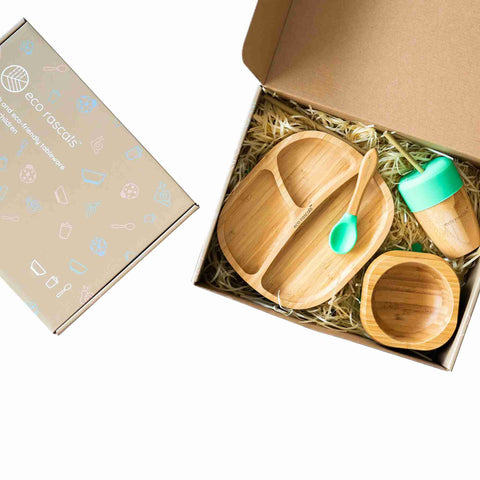 Toddler bamboo Gift Set - Plate, cup and bowl - Green - shown in box 
