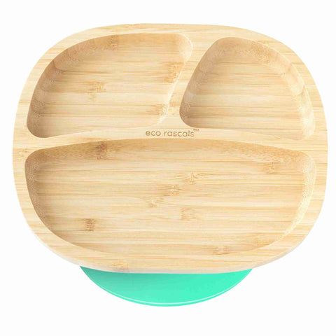 Product photo of a Bamboo plate with three sections and a green suction ring  base.