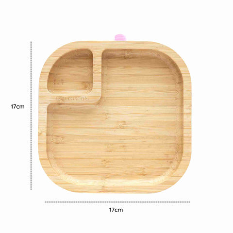 eco rascals Bamboo square plate with super suction base showing 17cm x 17cm dimensions