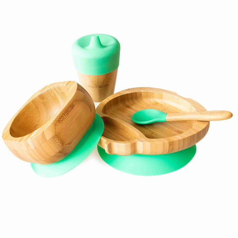 Green weaning gift set.Bamboo bowl, cup and ladybird plate with spoon.