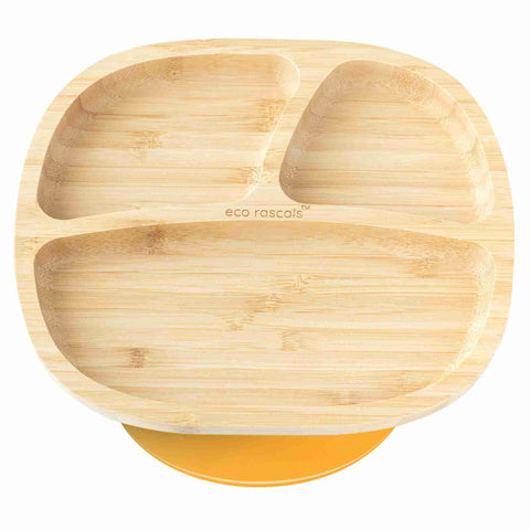 Product photo of a Bamboo plate with three sections and a orange suction ring  base.