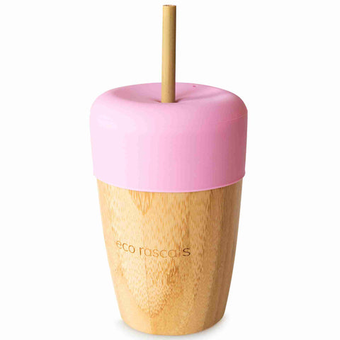 Bamboo Straw Cup with Pink Silicone Lid and a Bamboo straw 