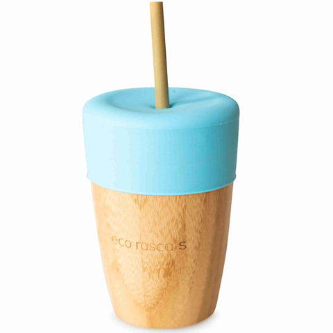 Bamboo Cup with Blue Silicone Lid and Reusable bamboo straw