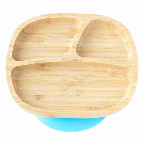 Product photo of a Bamboo plate with three sections and a blue suction ring  base.