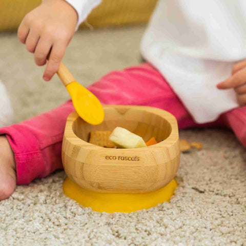 Bamboo baby suction bowl and spoon set - Yellow