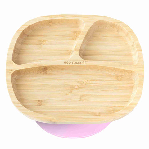 Product photo of a Bamboo plate with three sections and a pink suction ring  base.