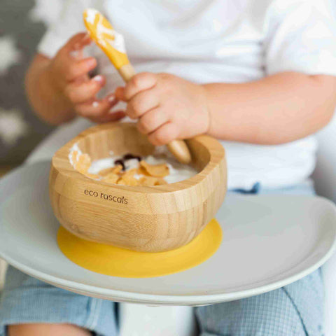 Bamboo baby suction bowl and spoon set - Yellow