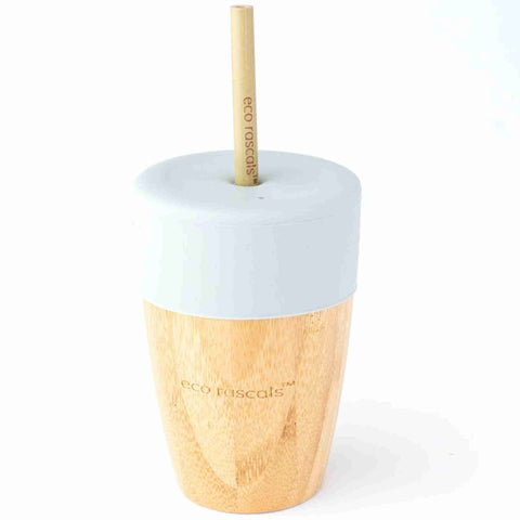Bamboo Cup with Grey Silicone Lid and Reusable Straw 