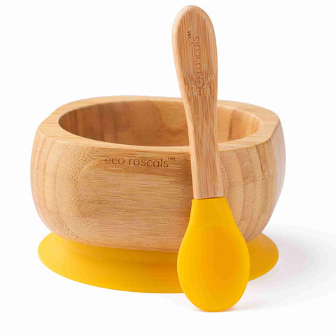 Bamboo baby suction bowl and spoon set - Yellow